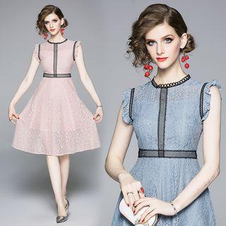 Ruffle Trim Lace Sleeveless A-line Dress