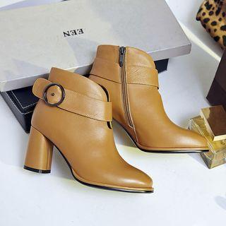 Genuine Leather Buckled Block Heel Ankle Boots