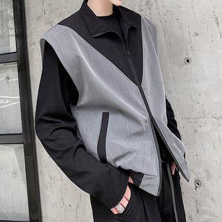 Color Block Stand Collar Oversized Vest Gray - One Size