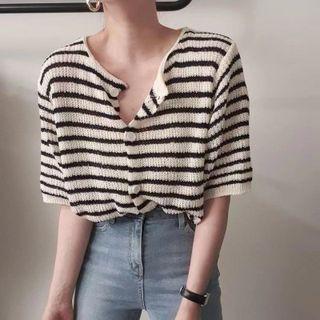 Striped Short-sleeve Knit Cardigan