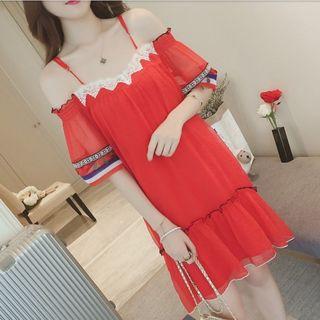 Elbow-sleeve Cold Shoulder Chiffon Mini Dress
