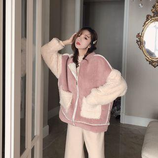 Set: Faux Shearling-sleeve Corduroy Zip Jacket + Furry Scarf