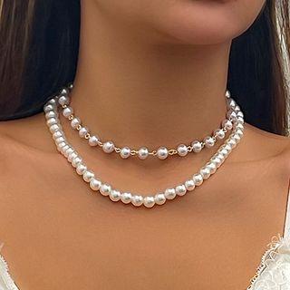 Set Of 2: Faux Pearl Necklace Gold - One Size