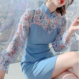 Bell-sleeve Floral Panel Mini A-line Dress