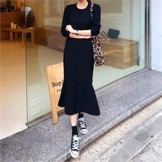 Set: Round-neck Plain Top + Band-waist Ruffle-hem Skirt