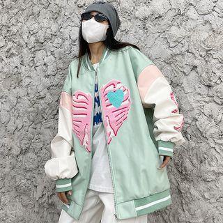 Color Panel Faux Leather Loose-fit Baseball Jacket