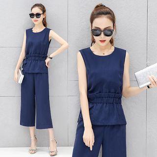 Set: Sleeveless Drawstring-waist Top + Cropped Pants