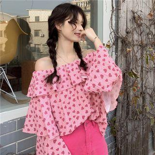 Off-shoulder Heart Print Blouse Heart Print - Pink - One Size
