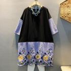 Embroidered Elbow-sleeve Top Blue - One Size