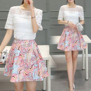 Set: Crochet Trim Short Sleeve Top + Floral Print A-line Skirt