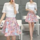 Set: Crochet Trim Short Sleeve Top + Floral Print A-line Skirt