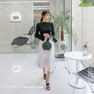 Set: Bell-sleeve Scalloped Knit Top + Dot Midi Mermaid Skirt