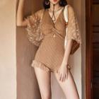 Short-sleeve Lace Panel Knotted Swimsuit