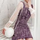 Set: Long-sleeve Sheer Top + Sleeveless Tweed Mini Dress