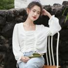 Long-sleeve Square-neck Drawstring Cropped Blouse White - One Size