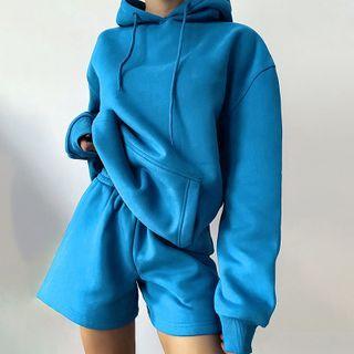 Set: Plain Long-sleeve Hoodie + Plain Wide-leg Shorts
