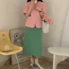 Short-sleeve Button-up Jacket / Midi A-line Skirt