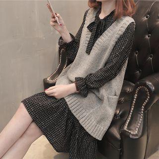 Set: Plaid Long-sleeve A-line Dress + V-neck Knit Vest