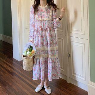 Long-sleeve Floral Print Midi Dress Floral Print - Pink - One Size