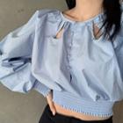 Lantern-sleeve Cropped Blouse Blue - One Size