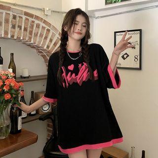 Short-sleeve Letter Print Contrast Trim Oversized T-shirt Black - One Size