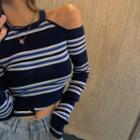 Striped Long-sleeve Halter Knit Top Blue - One Size