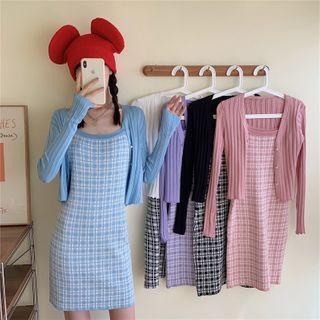 Plain Knitted Cropped Cardigan + Plaid Slim Fit Slipdress