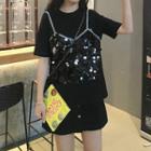 Sequin Mock Two-piece T-shirt / Dotted Mini A-line Skirt