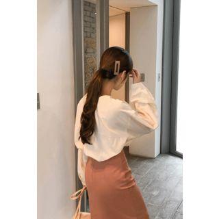Bishop-sleeve Plain Blouse Beige - One Size