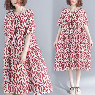 Leaf Print Short-sleeve A-line Dress Red - One Size