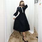 Half-placket Contrast-trim A-line Dress Black - One Size
