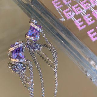 Rhinestone Drop Earring 1 Pair - Purple Rhinestone - Silver - One Size