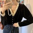 Lace Trim V-neck Puff Sleeve Velvet Cropped Blouse As Shown In Figure - One Size