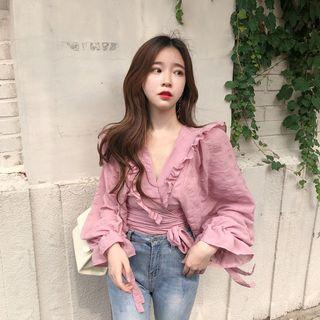 Ruffle-trim Tie-waist Blouse Pink - One Size