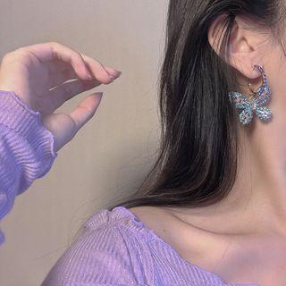 Butterfly Rhinestone Dangle Earring 1 Pair - 925silver Earring - Blue - One Size