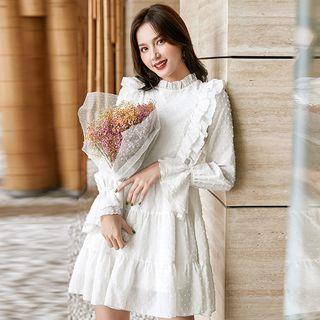 Ruffled Long-sleeve Textured A-line Chiffon Dress
