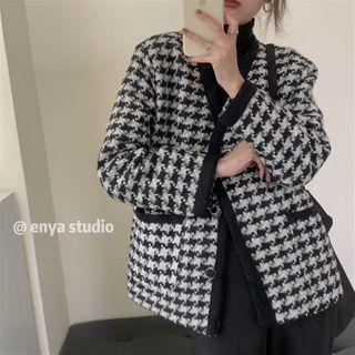 Long-sleeve Contrast Trim Houndstooth Coat