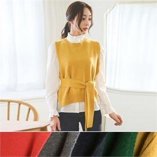 Wool Blend Sleeveless Knit Top With Sash