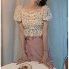 Short-sleeve Floral Cropped Top / Plain Mini Skirt