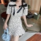Short-sleeve Bow Floral Print Mini A-line Dress