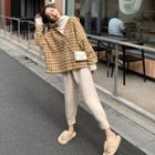 Set : High-neck Panel Houndstooth Hooded Sweatshirt + Plain Harem Pants