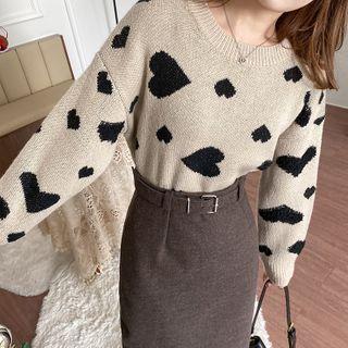 Heart Print Sweater / Midi Pencil Skirt / Set