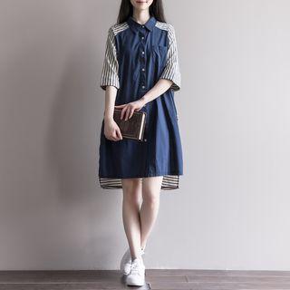 Elbow-sleeve Striped Panel Mini Shirt Dress