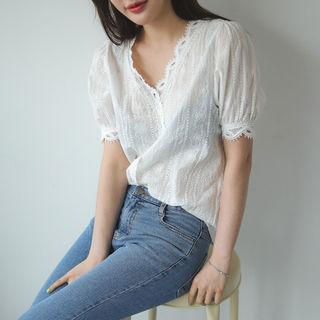 V-neck Puff-sleeve Laced Blouse