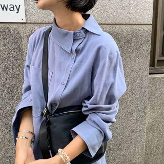 Long-sleeve Asymmetric Shirt Blue - One Size