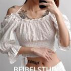 Elbow-sleeve Off-shoulder Dotted Cropped Blouse
