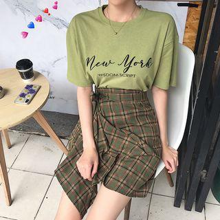 Short-sleeve Lettering T-shirt / Mini Plaid Skirt