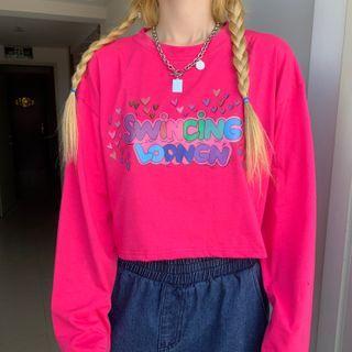 Long-sleeve Heart Print Cropped T-shirt