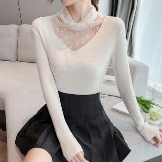 Mock Turtleneck Lace Panel Long-sleeve Knit Top