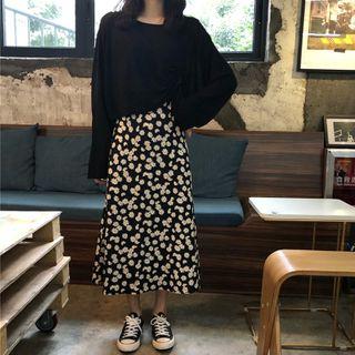 Drawstring-front Long-sleeve T-shirt / Floral Print Midi A-line Skirt